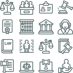 Law and justice icons set vector illustration. Contains such icon as  Attorney, Criminals, Cyber Law, Criminal and more. Expanded stroke - obrazy, fototapety, plakaty