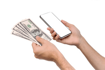 Man holding smartphone with blank screen and bunch of dollars