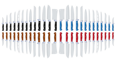 Color Set of Kitchen Knives. Colorful Cutlery. Cutting Kitchenware Knives Set. Vector graphics to design.