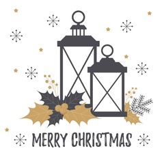 Christmas card with old lanterns and holly branch. Black and gold. Vector concept for greeting cards, banners, flyers