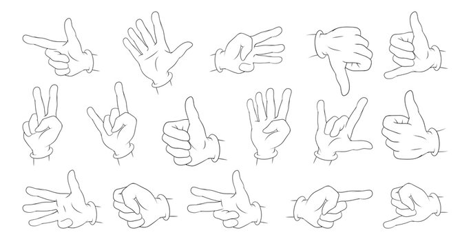 Hands in different poses. Various gestures of human hands. Female or male hands holding gesture opening something and touching pose. Set of realistic gestures hand shape. Vector graphics to design.