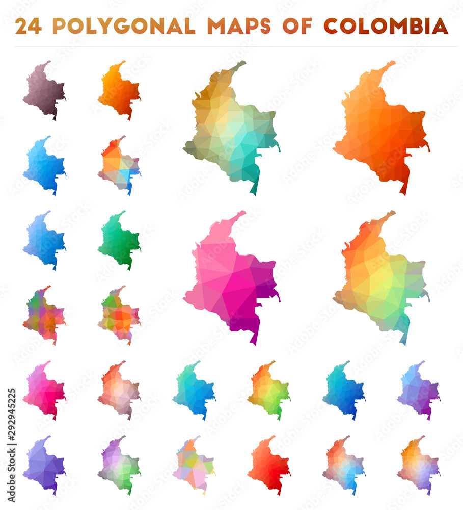 Poster set of vector polygonal maps of colombia. bright gradient map of the country in low poly style. mult