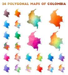 Set of vector polygonal maps of Colombia. Bright gradient map of country in low poly style. Multicolored Colombia map in geometric style for your infographics.