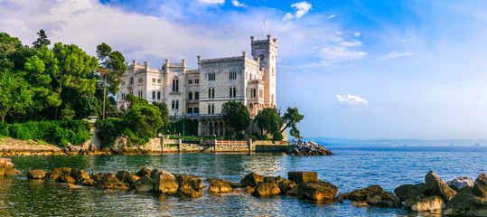 Beautiful romantic castles of Italy - elegant Miramare in Trieste. - obrazy, fototapety, plakaty