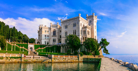 Beautiful romantic castle over the sea - Miramare. Landmarks of Trieste, northern Italy