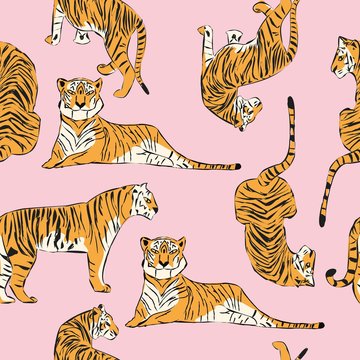 Hand drawn tiger seamless pattern, big cats in different position, orange tigers on pink, exotic background, flat vector illustration
