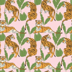 Fototapeta na wymiar Hand drawn tiger seamless pattern, big cats in different position, tigers and tropical plants, exotic background, flat vector illustration