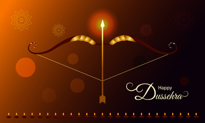 Indian festival Dussehra and Vijayadashmi greeting with golden bow and arrow with caption. Decorative vector festive background.