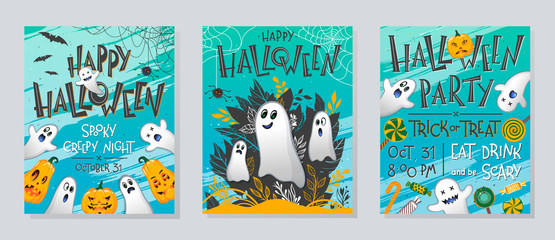Fototapeta premium Bundle of Halloween posters with pumpkins,ghosts,sweets,bats and spider web.Halloween design perfect for prints,flyers,banners invitations,greetings.Vector Halloween illustrations.