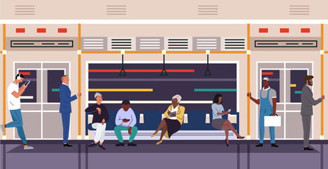 People in subway train flat vector characters. Women and men inside public metro. African american and caucasian passengers in city transport. Underground railway train interior cartoon illustration