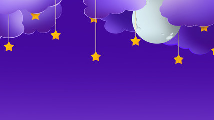 Blue sky with moon, clouds and little stars, empty space