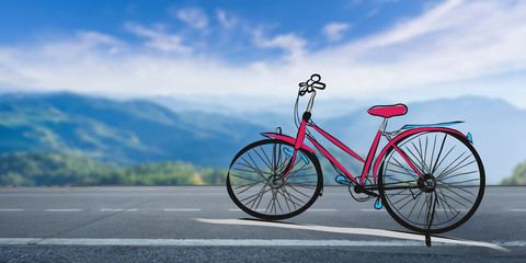 Hand drawn bicycle illustration and beautiful sky mountain landscape