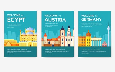 Country of Egypt, Austria, Germany, India, Russia, Thailand, Japan, Italy card set. Travel of the world of flyer, magazines, poster, book cover, banner. Layout infographic template illustration page