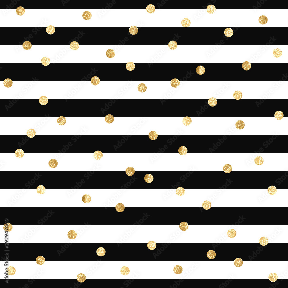 Wall mural vector seamless pattern with gold glitter polka dots on black and white stripes background