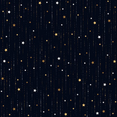 Seamless space pattern with gold star rain on dark blue background