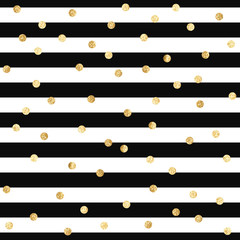 Vektornahtloses Muster mit Goldglitter-Tupfen auf schwarzem und weißem Streifenhintergrund
