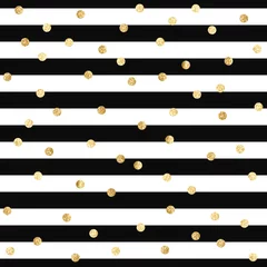 Tapeten Polka dot Vektornahtloses Muster mit Goldglitter-Tupfen auf schwarzem und weißem Streifenhintergrund