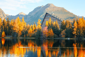 Mountain lake Strbske pleso (Strbske lake) in autumn time. High Tatras national park, Slovakia