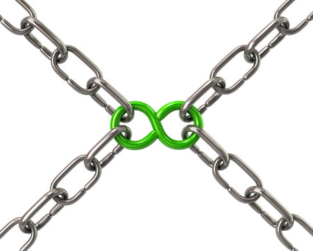 Green infinity symbol in chains 3d illustration