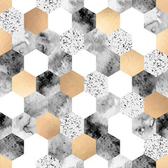 Seamless abstract geometric pattern with gold foil, watercolor and gray marble hexagons