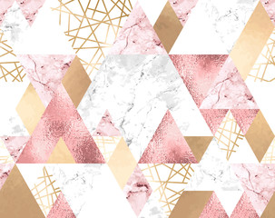 Fototapety  Bezszwowy geometryczny wzór z metalicznymi liniami, różowozłotymi, szarymi i różowymi marmurowymi trójkątami