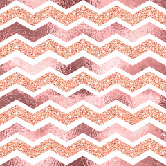 Vector seamless geometric zigzag pattern with glitter and rose gold lines on white background