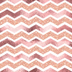 Behang Glamour stijl Vector naadloos geometrisch zigzagpatroon met glitter en roze gouden lijnen op witte achtergrond