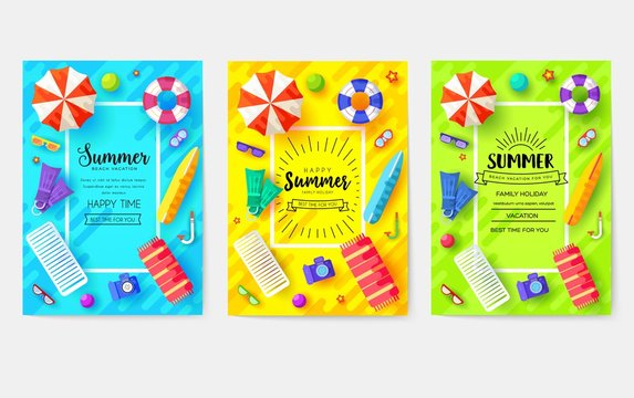 summer vecetion time vector brochure cards set. Ecology template of flyear, magazines, poster, book cover, banners. Outdoor invitation concept background. Layout illustration modern page background