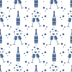 Seamless holiday pattern. Hearts, glasses, bottle
