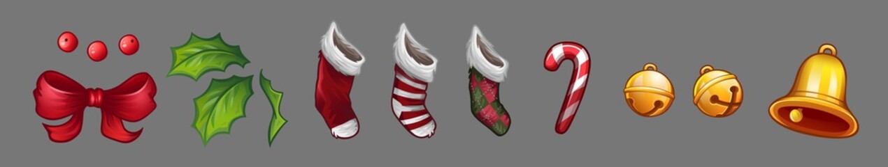Set of christmas icons. Red bow. Leaf and berries of mistletoe. Christmas socks. Lollipop. Golden bells. Vector illustration