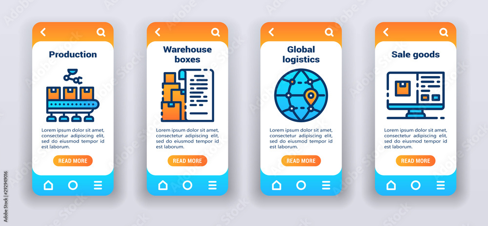 Poster product distribution on mobile app onboarding screens. ui ux gui template