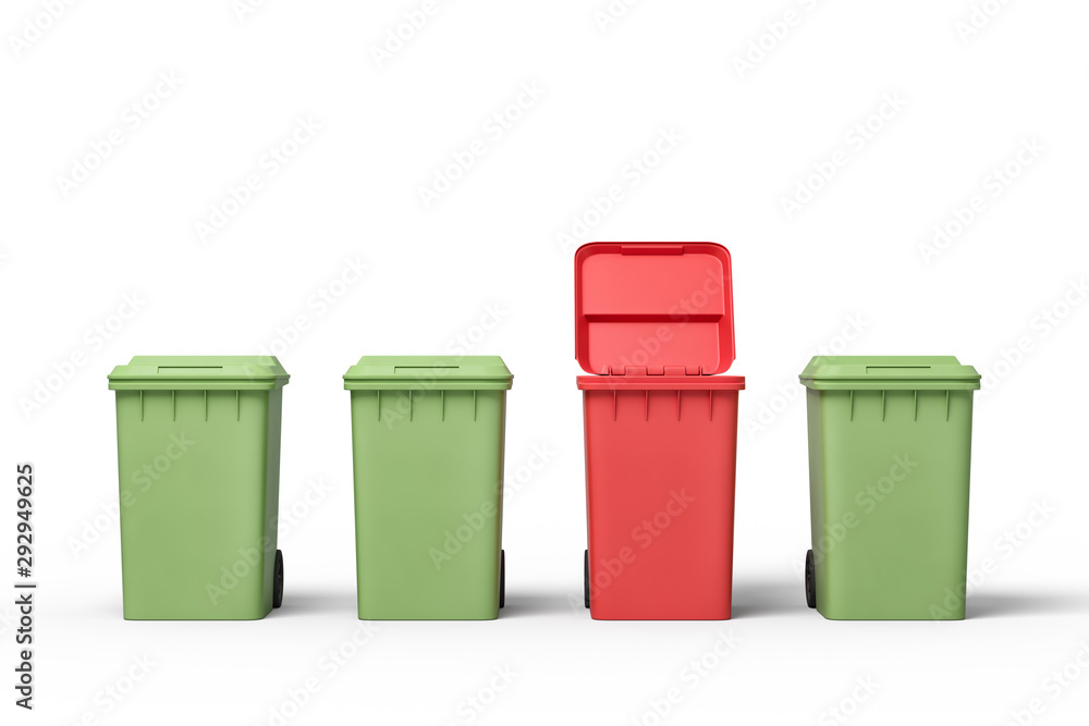 Poster 3d rendering of three green and one open red trash bins