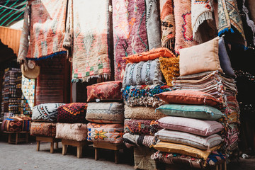 Close up of variety of cushions in Marrakesh, Morocco 