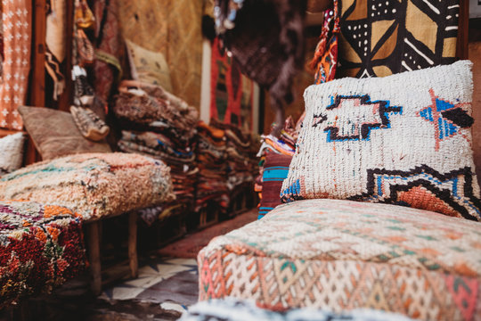 Close up of cushions in souk, Marrakesh, Morocco