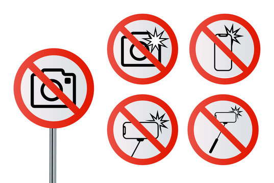 No photography, camera, selfie, no phone, no smartphone Prohibition symbol sticker for area places, Isolated on white background, Flat design vector illustration.
