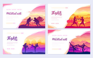Representatives of traditional fighters from all over the world brochure cards set. Fighting style battle nature template of flyear, web banner, ui header, enter site. Layout modern slider page