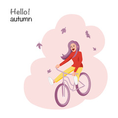 autumn season with a girl ridding bike on pink background and cartoon character design vector
