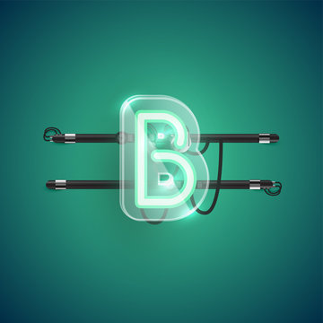 Realistic neon B character with plastic case around, vector illustration