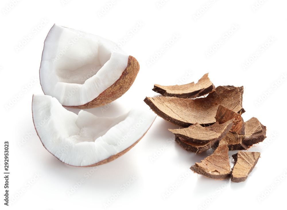 Wall mural pieces of cracked coconut isolated on white background - Wall murals
