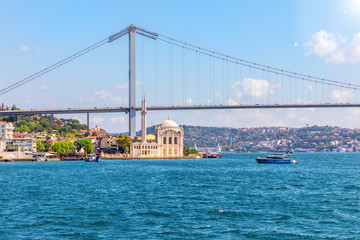 Ortakoy Mosque under the Bosphorus Bridge, Istanbul, Turkey
