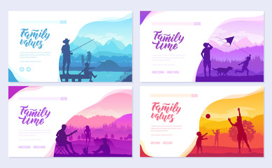 family vacation with children in nature brochure cards set. Friendly resorts template of flyear, web banner, ui header, enter site. Invitation concept background. Layout modern slider page