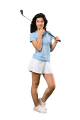 A full-length shot of a Young golfer woman thinking an idea over isolated white background