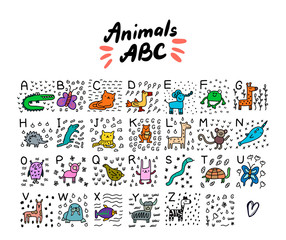 Animals abc alphabet hand drawn vector illustration in cartoon style set alligator cat jaguar turtle fish lama frog snake butterfly