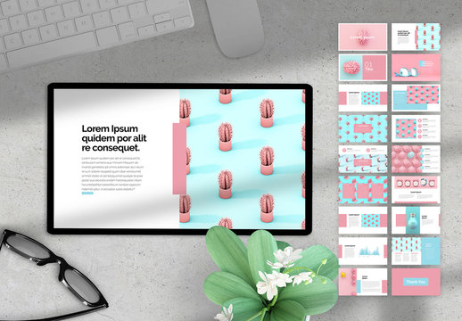 Presentation Layout with Pink and Blue Accents