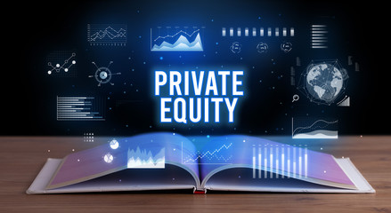 PRIVATE EQUITY inscription coming out from an open book, creative business concept