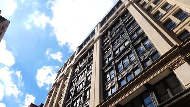 New York USA Architecture 240fps Slowmotion, Low Angle Shot of Building From Moving Vehicle Under Summer Skyline