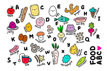 Big hand drawn alphabet abc set of food in cartoon style illustration apple mushroom egg ginger tea vanilla radish lemon nut fish cucumber vibrant colors