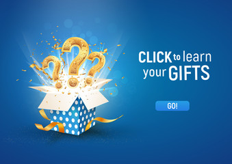 Open textured blue box with question signs and confetti explosion inside and on blue background. Winning gifts lottery vector illustration