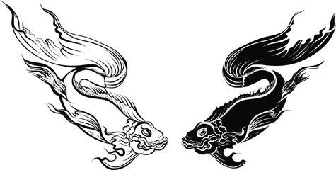 Obraz premium Hand drawn and Silhouette beautiful siamese fighting fish.Thai beautiful fish tatoo.Infinity asian fish.