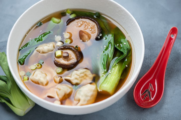 Close-up of miso soup with wontons, pak-choi and shiitake, studio shot